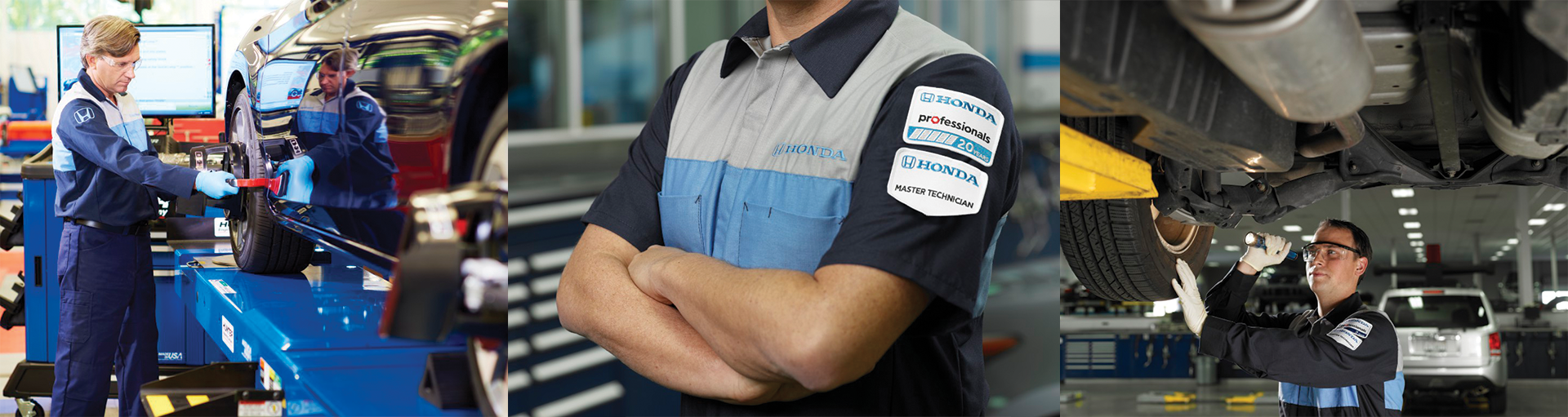 A service technician standing by a vehicle in the service center