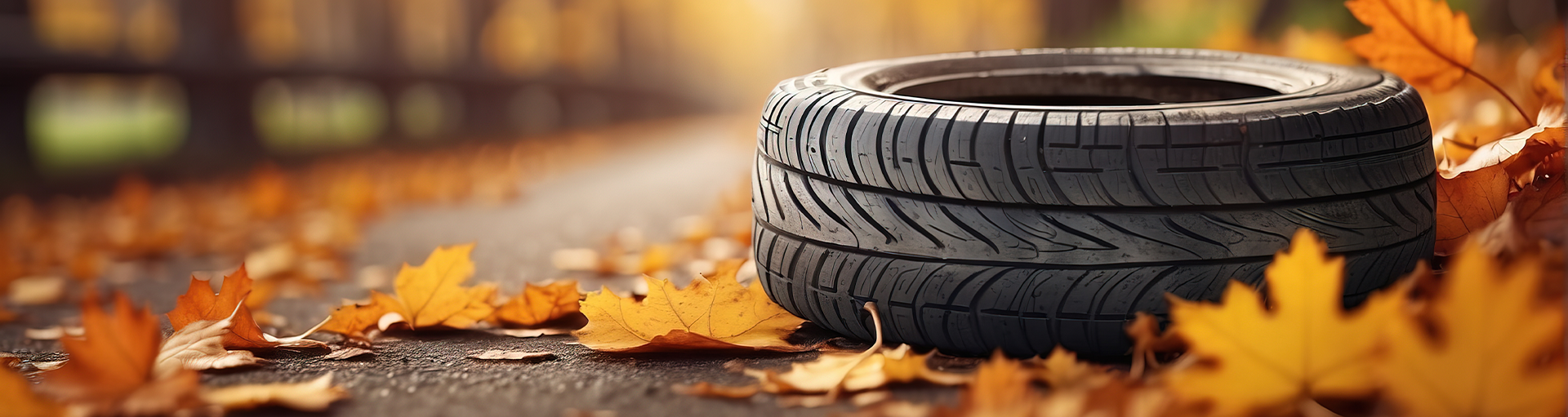 A tire in the leaves on the side of the highway.