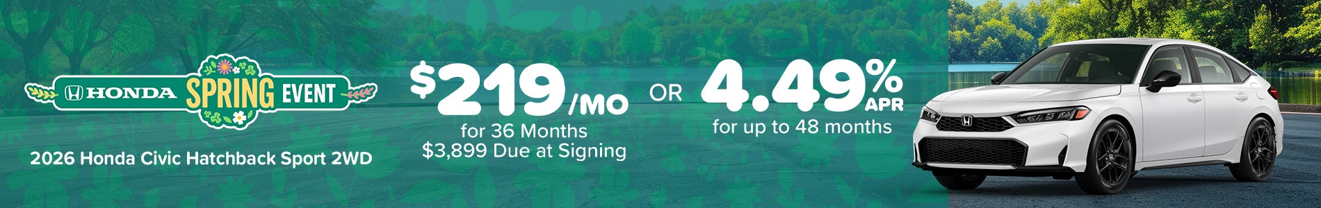 Lease a new 2026 Honda Civic Hatchback Sport 2WD for $219/mo in Metairie, LA