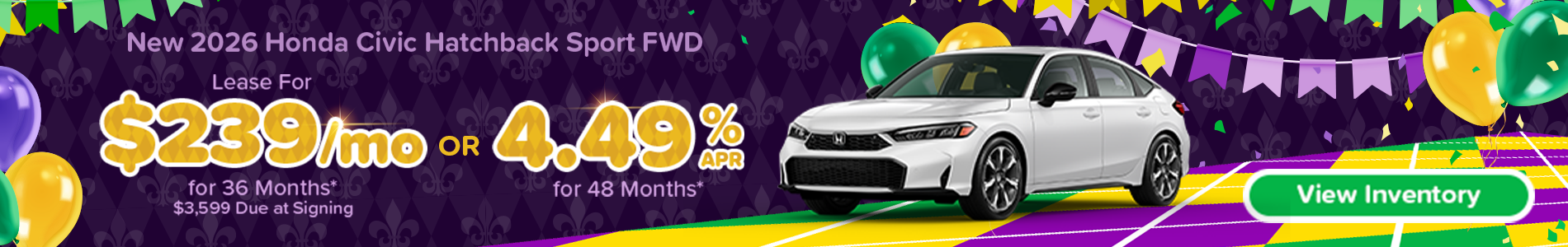 Lease a new 2026 Honda Civic Hatchback for $239/mo in Metairie, LA